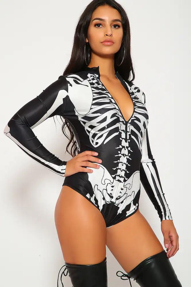 Sexy Black White Skeleton Bodysuit Zipper Costume