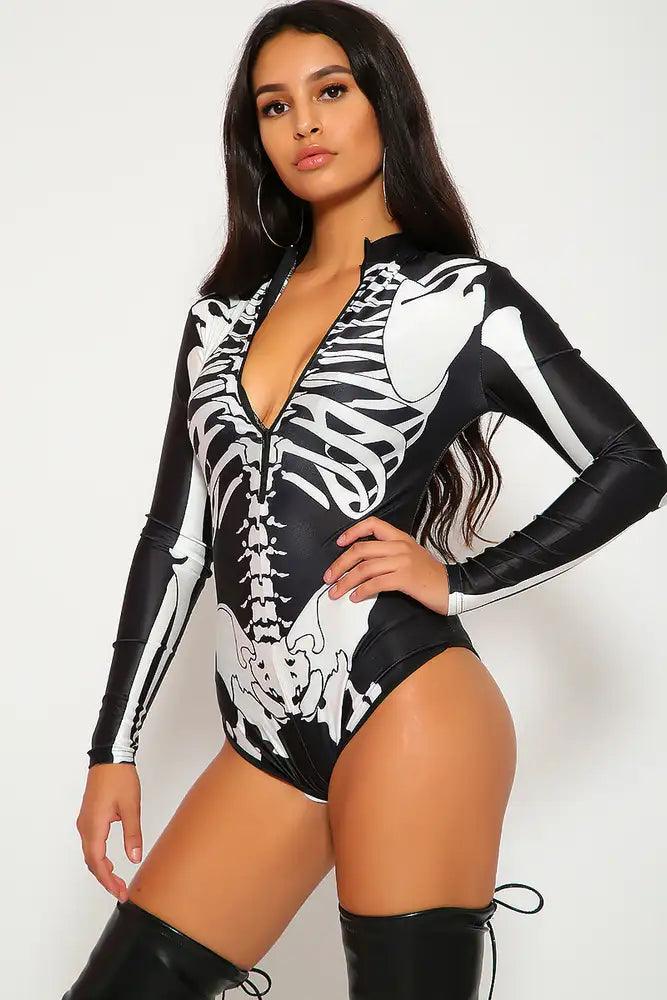 Sexy Black White Skeleton Bodysuit Zipper Costume