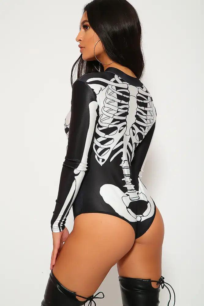 Sexy Black White Skeleton Bodysuit Zipper Costume