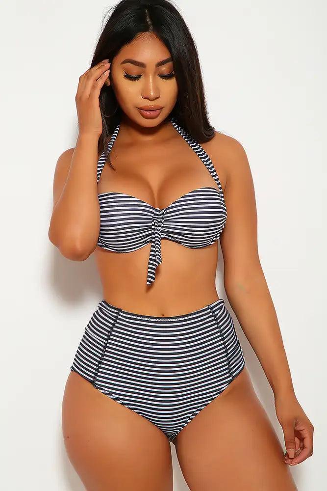 Sexy Black White Striped High Waist Swimsuit