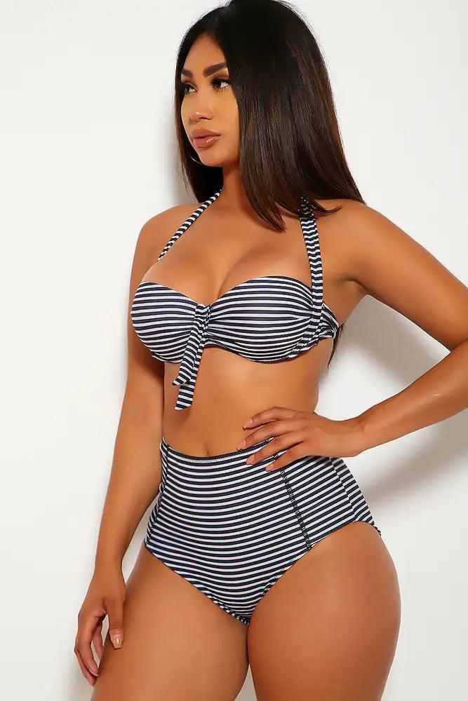 Sexy Black White Striped High Waist Swimsuit