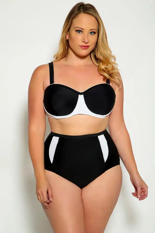 Sexy Black White Two Tone High Waist Plus Size Two Piece Swimsuit