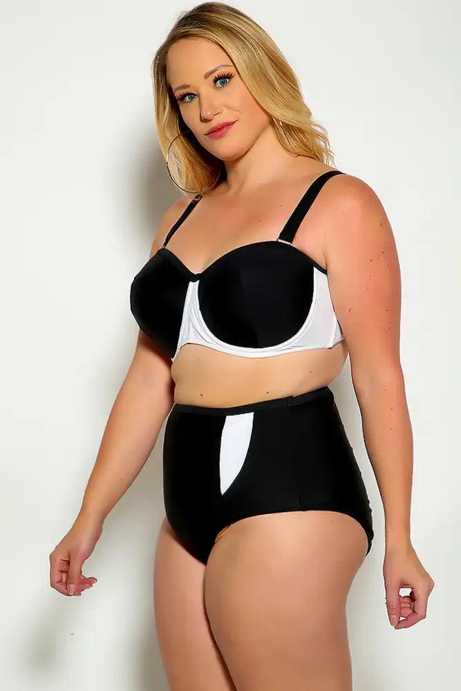 Sexy Black White Two Tone High Waist Plus Size Two Piece Swimsuit