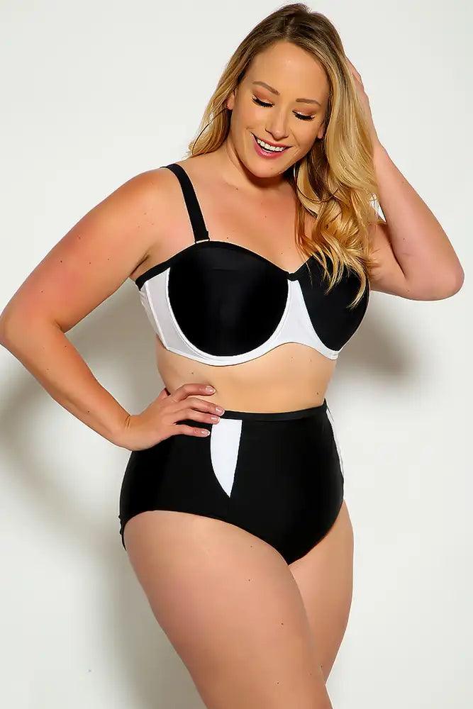 Sexy Black White Two Tone High Waist Plus Size Two Piece Swimsuit