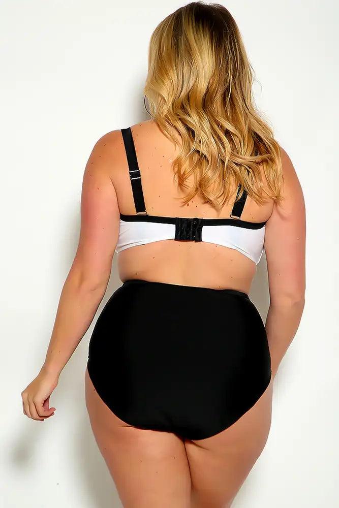 Sexy Black White Two Tone High Waist Plus Size Two Piece Swimsuit