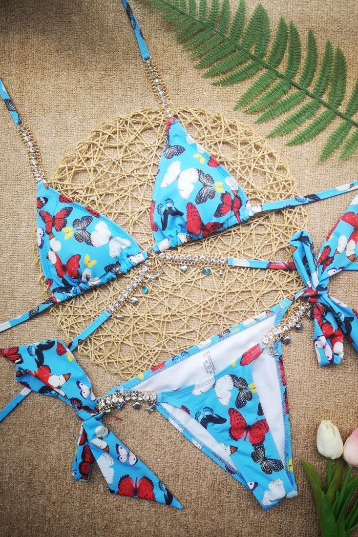 Sexy Blue Butterfly Print Bikini With Gemstone Straps