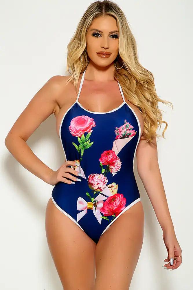 Sexy Blue Floral High Neck One Piece Swimsuit