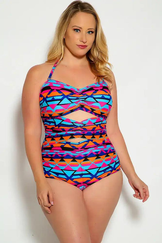 Sexy Blue Magenta Cut Out Halter One Piece Swimsuit