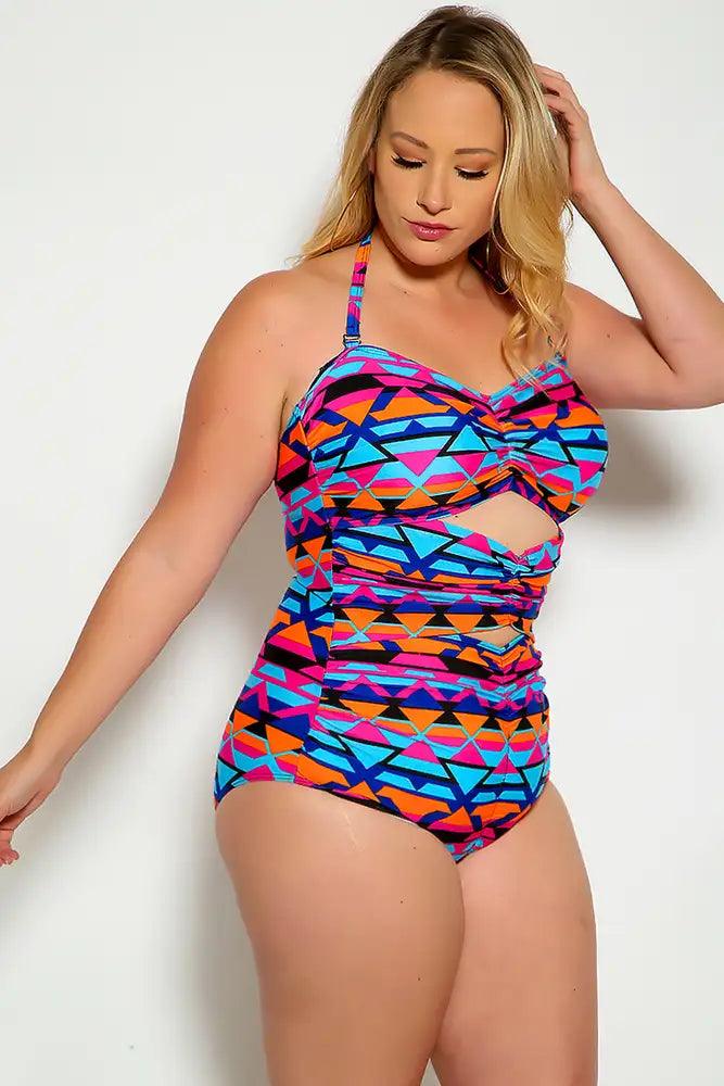 Sexy Blue Magenta Cut Out Halter One Piece Swimsuit