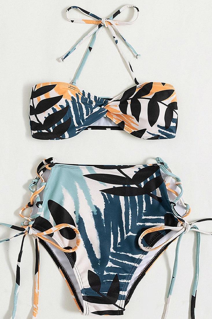 Sexy Blue Orange White Leaf Print 2pc Bikini