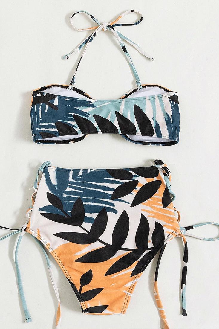 Sexy Blue Orange White Leaf Print 2pc Bikini