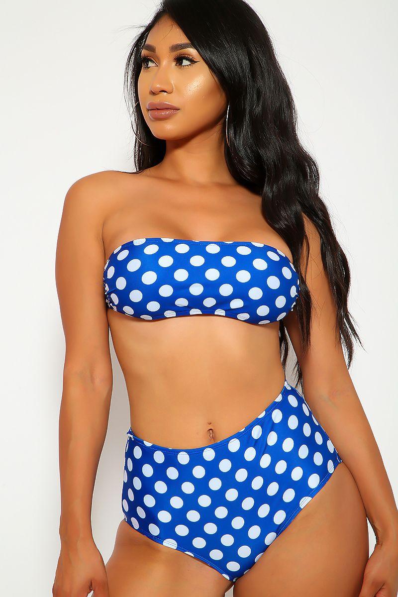 Sexy Blue Polka Dot Bandeau High Waist Two Piece Swimsuit - Babewear