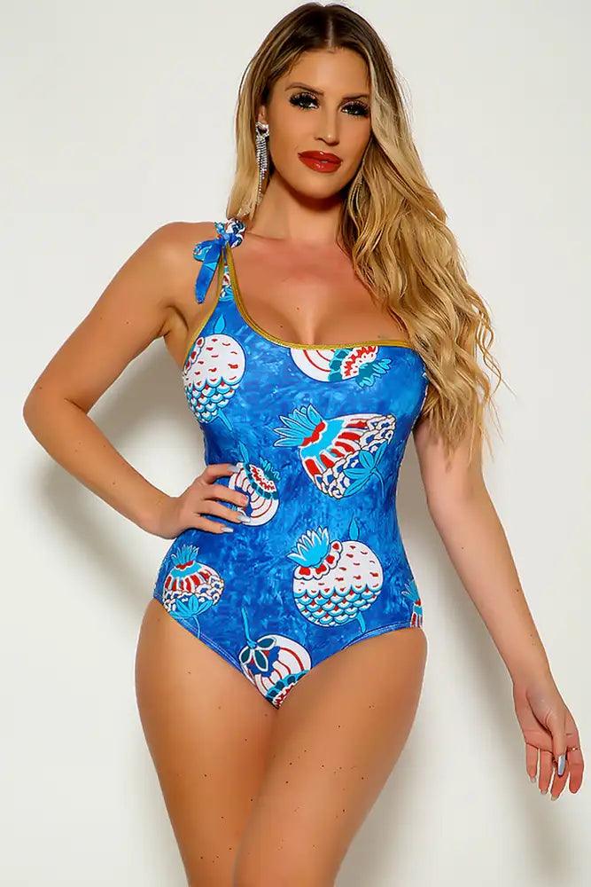 Sexy Blue Printed One Shoulder One Piece Swimsuit Bikini