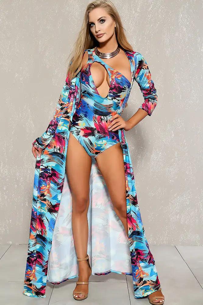 Sexy Blue Purple Graphic Swimsuit Kimono Coverup Matching Set