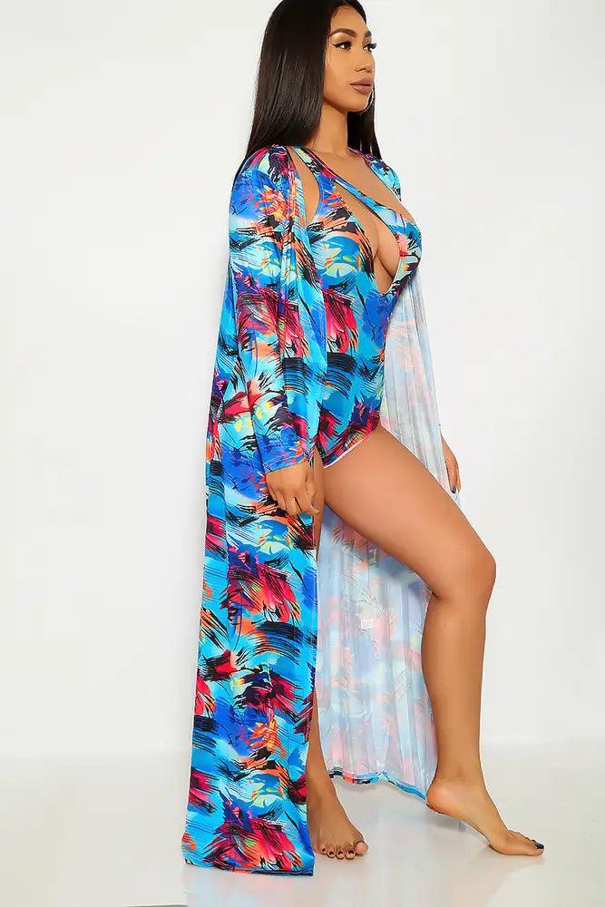 Sexy Blue Purple Graphic Swimsuit Kimono Coverup Matching Set