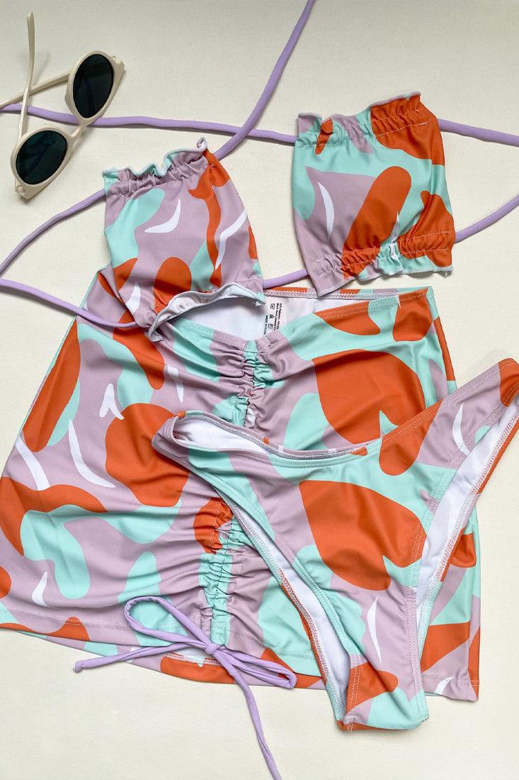 Sexy Blue Purple Orange Camo Print 3pc Bikini