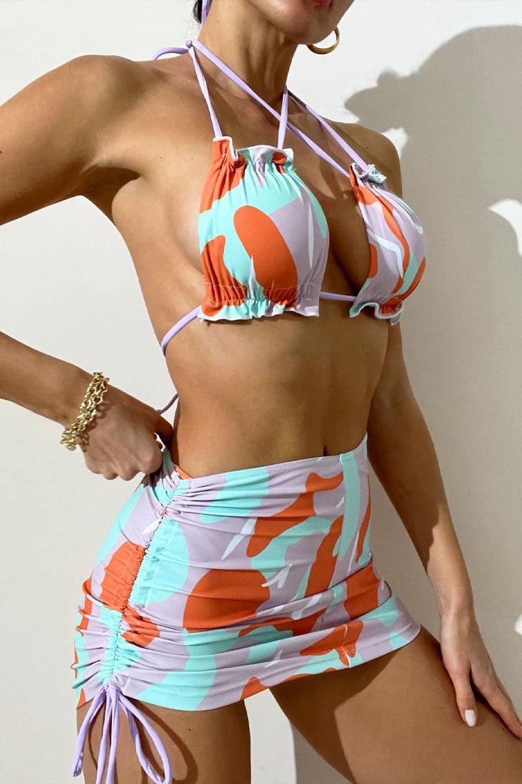 Sexy Blue Purple Orange Camo Print 3pc Bikini