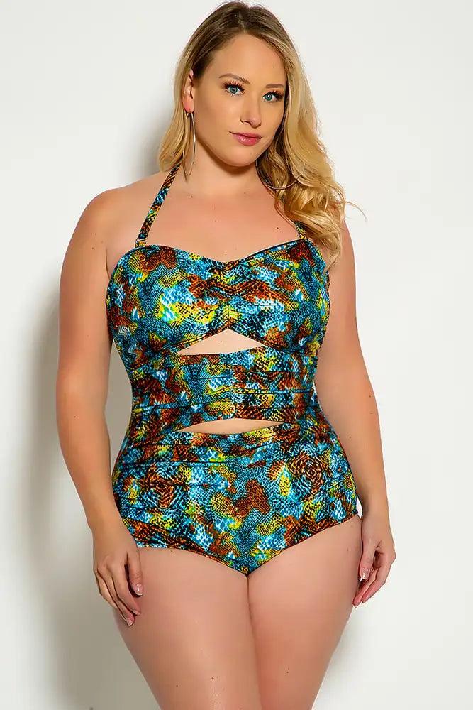 Sexy Blue Snake Cut Out Halter One Piece Swimsuit