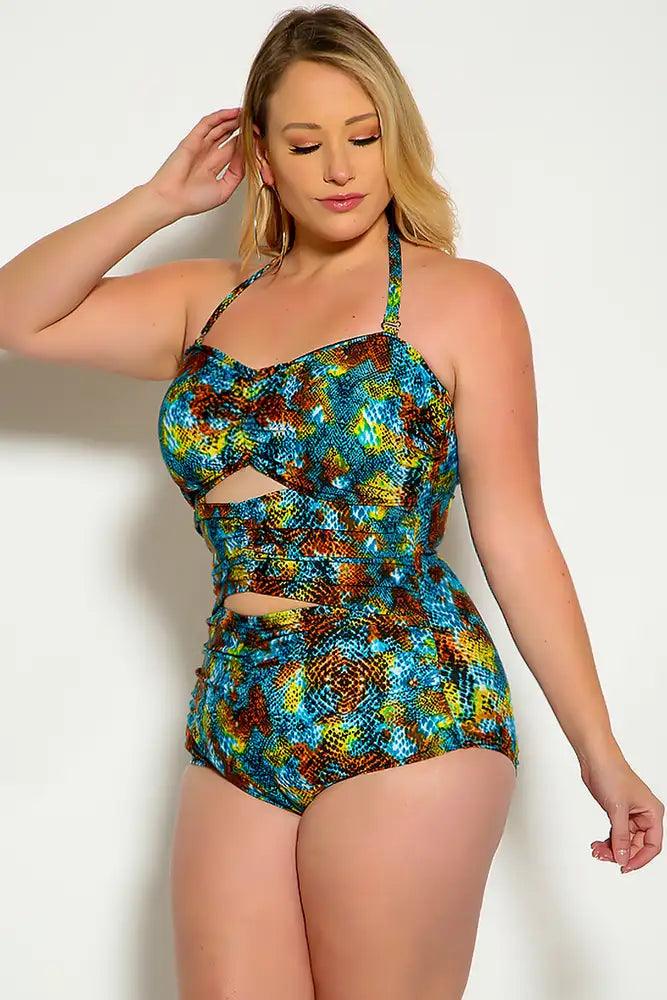 Sexy Blue Snake Cut Out Halter One Piece Swimsuit