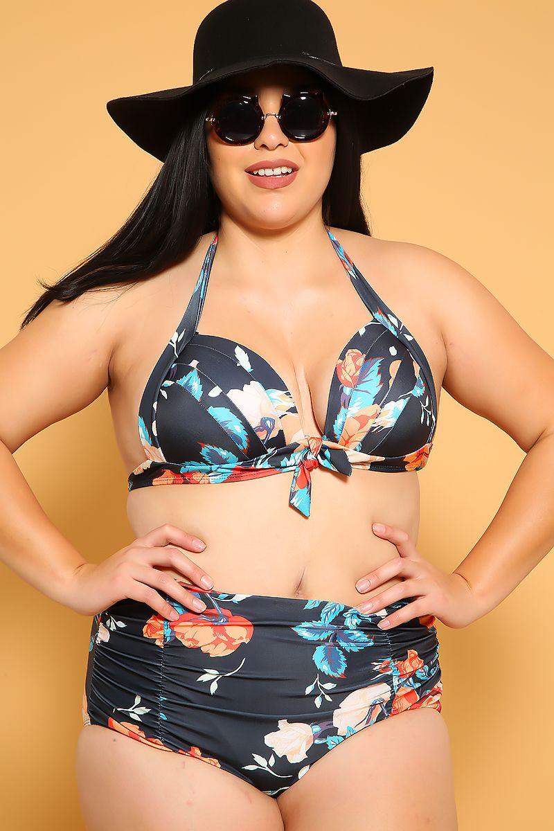 Sexy Blue Teal Padded High Waist Plus Size Two Piece Bikini