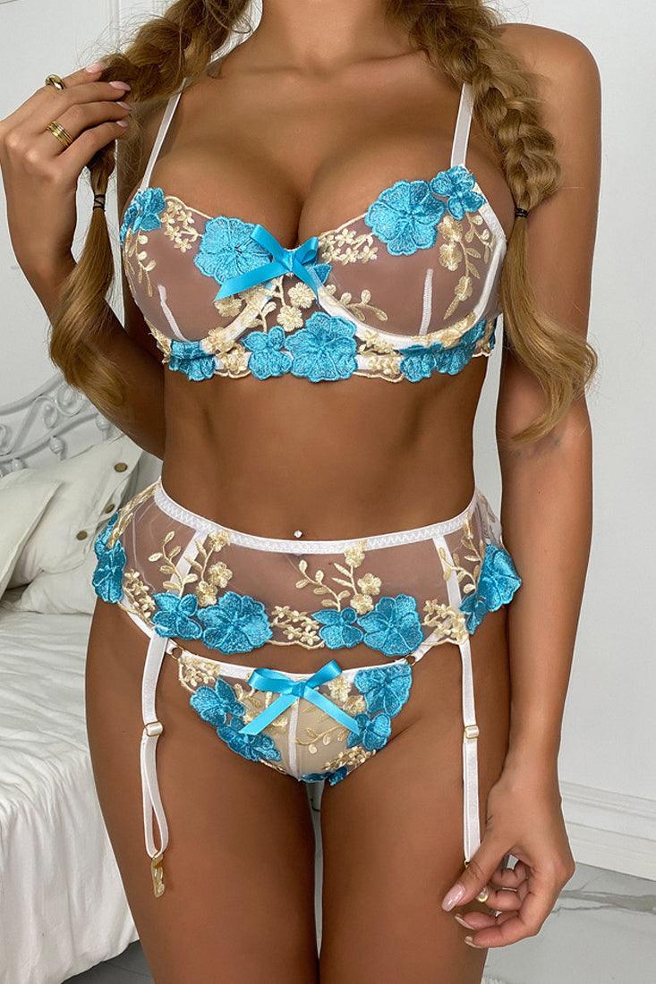 Sexy Blue White Lace 3pc Thong Lingerie Set With Garter Straps