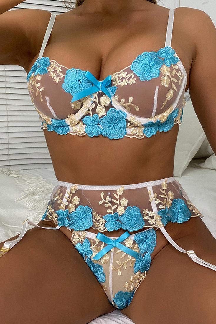 Sexy Blue White Lace 3pc Thong Lingerie Set With Garter Straps