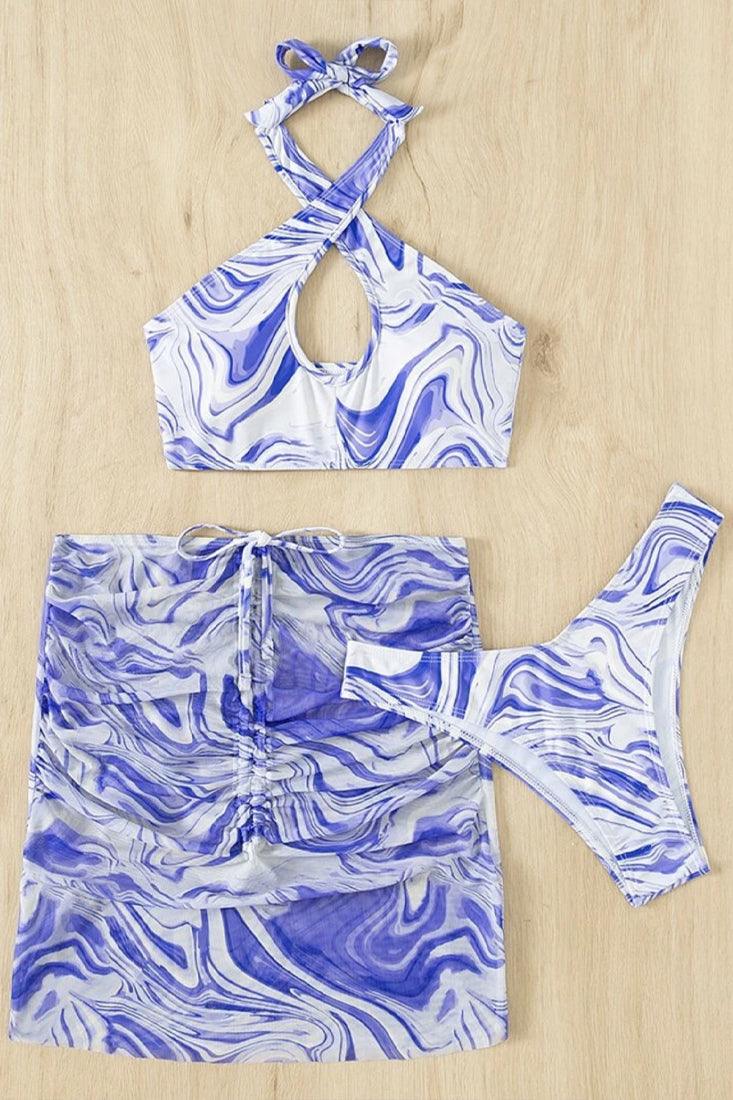 Sexy Blue white Swirl 3pc Bikini Set