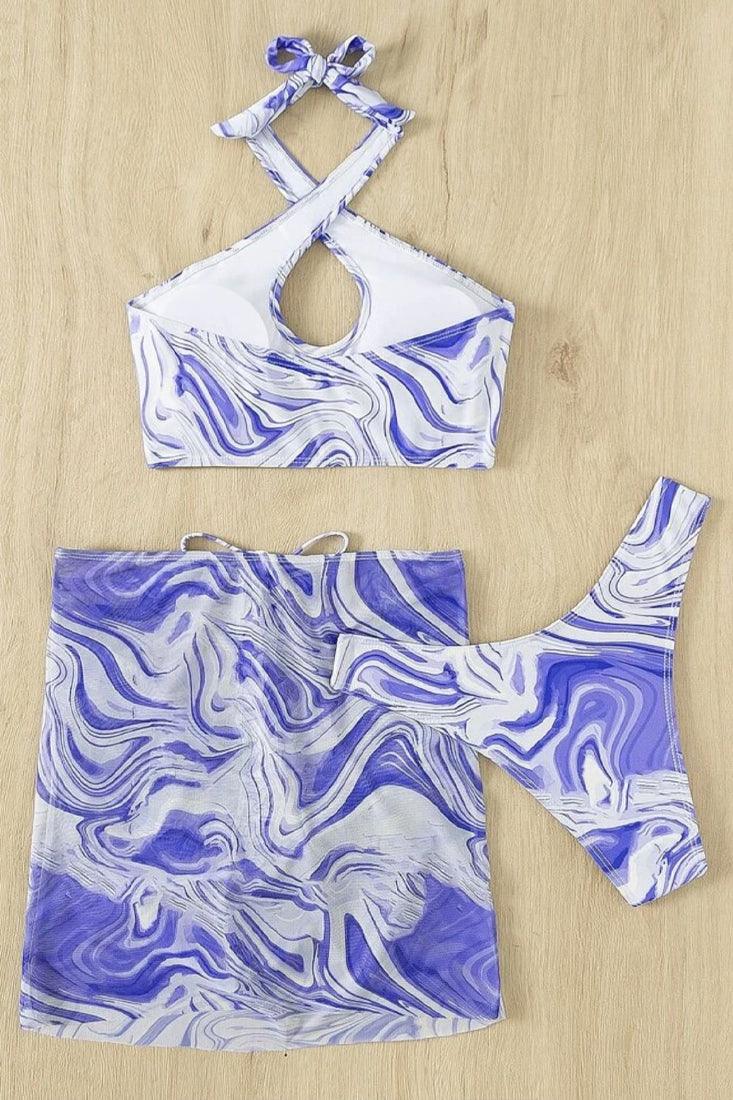 Sexy Blue white Swirl 3pc Bikini Set