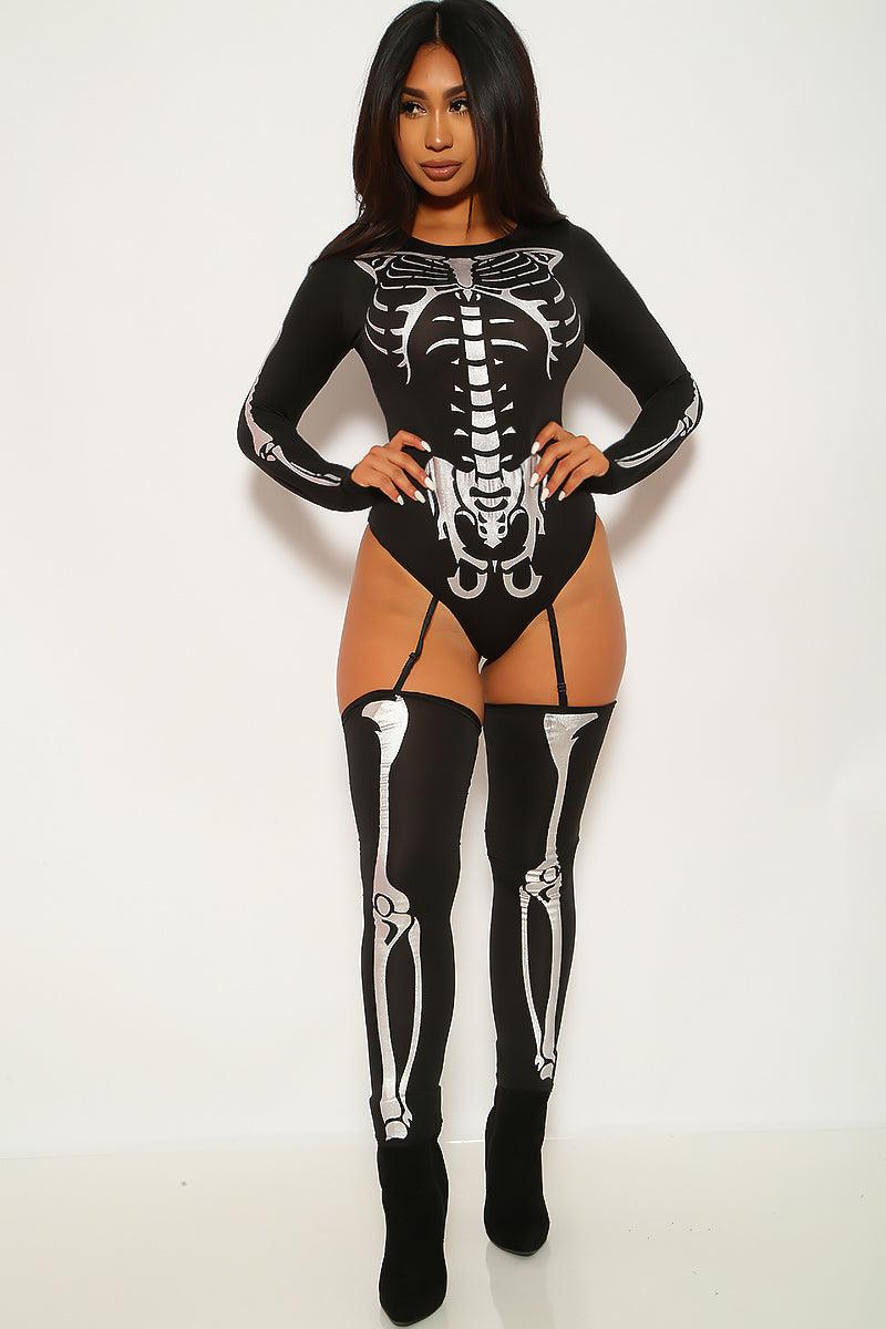 Sexy Bone-A-Fide Skeleton Black Silver Long Sleeve Bodysuit 3 Pc Costume