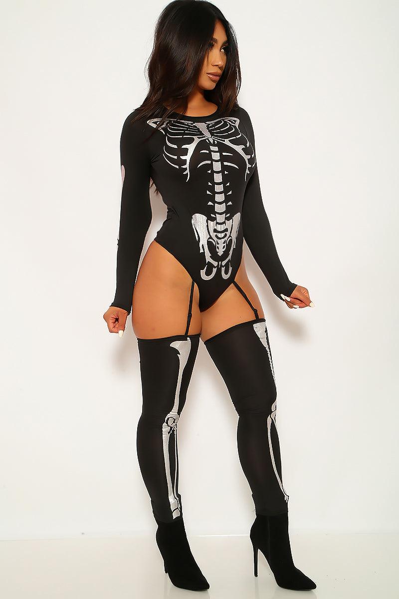 Sexy Bone-A-Fide Skeleton Black Silver Long Sleeve Bodysuit 3 Pc Costume