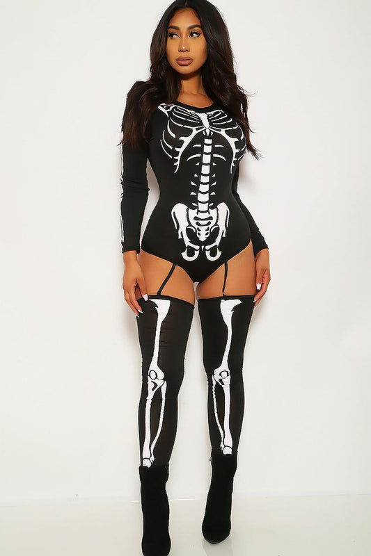 Sexy Bone-A-Fide Skeleton Black White Long Sleeve Bodysuit 3 Pc Costume