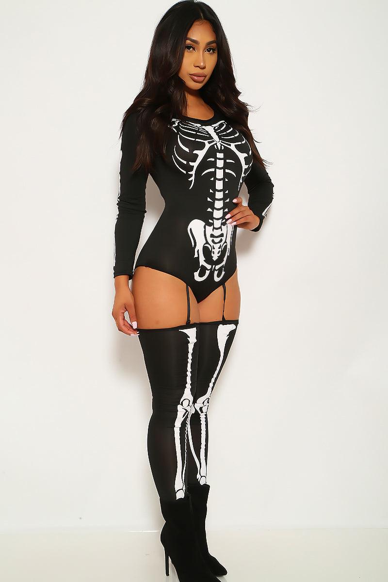 Sexy Bone-A-Fide Skeleton Black White Long Sleeve Bodysuit 3 Pc Costume