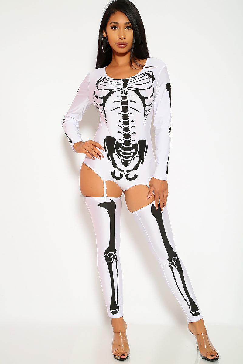 Sexy Bone-A-Fide Skeleton White Long Sleeve Bodysuit 3 Pc Costume