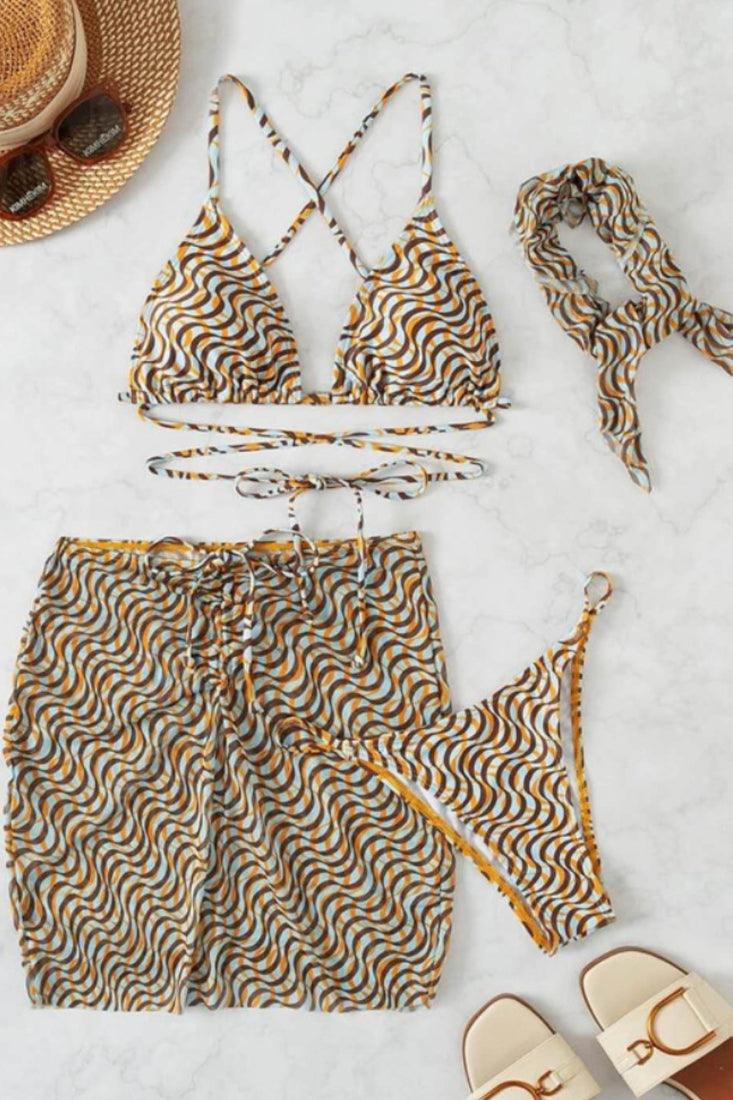 Sexy Brown Gold 4Pc Bikini Set With Coverup