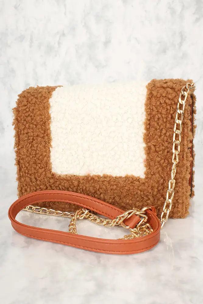 Sexy Camel Faux Leather Curly Wool Crossbody Handbag