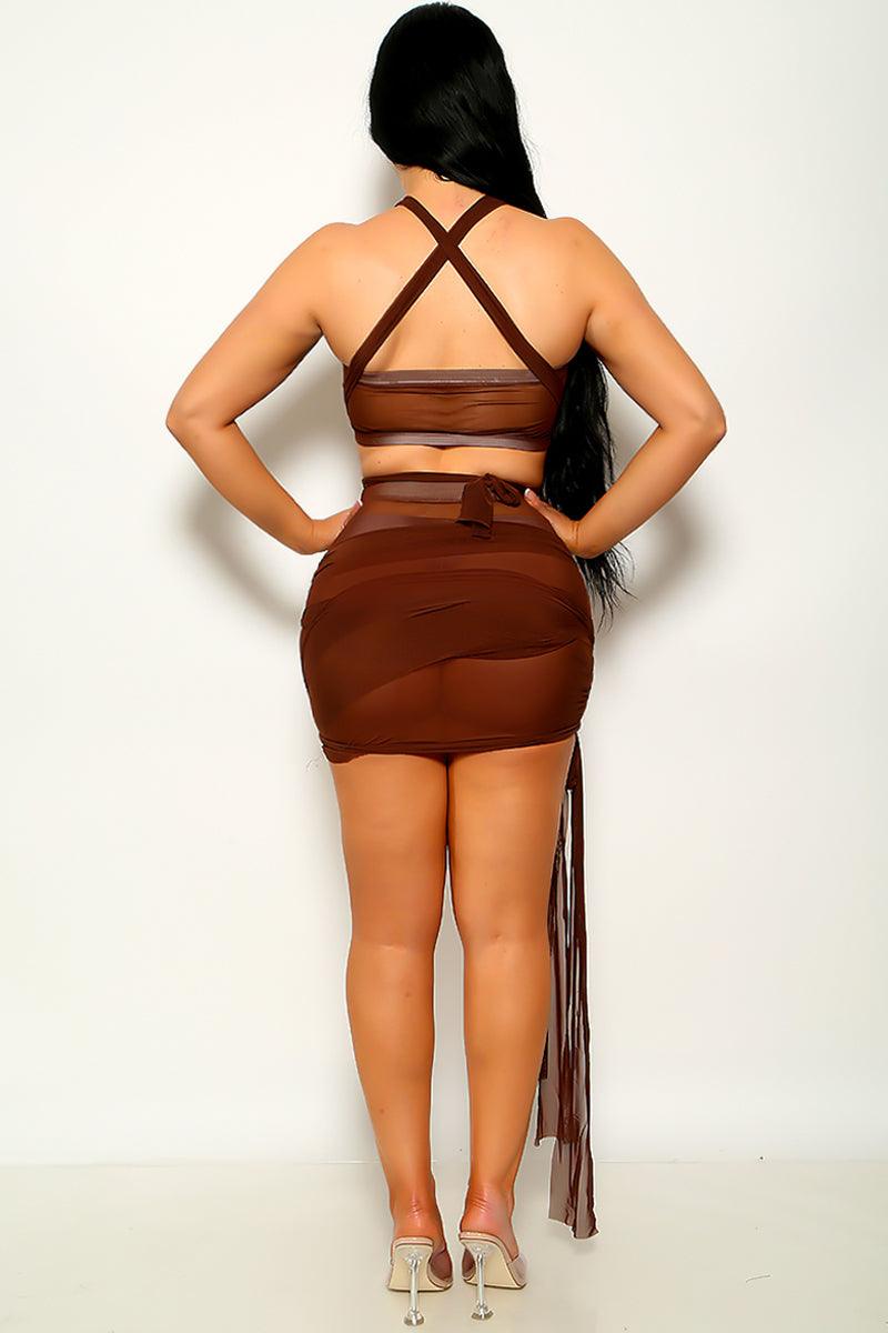 Sexy Coffee Strappy Mesh Top With Skirt 2 Pc Set