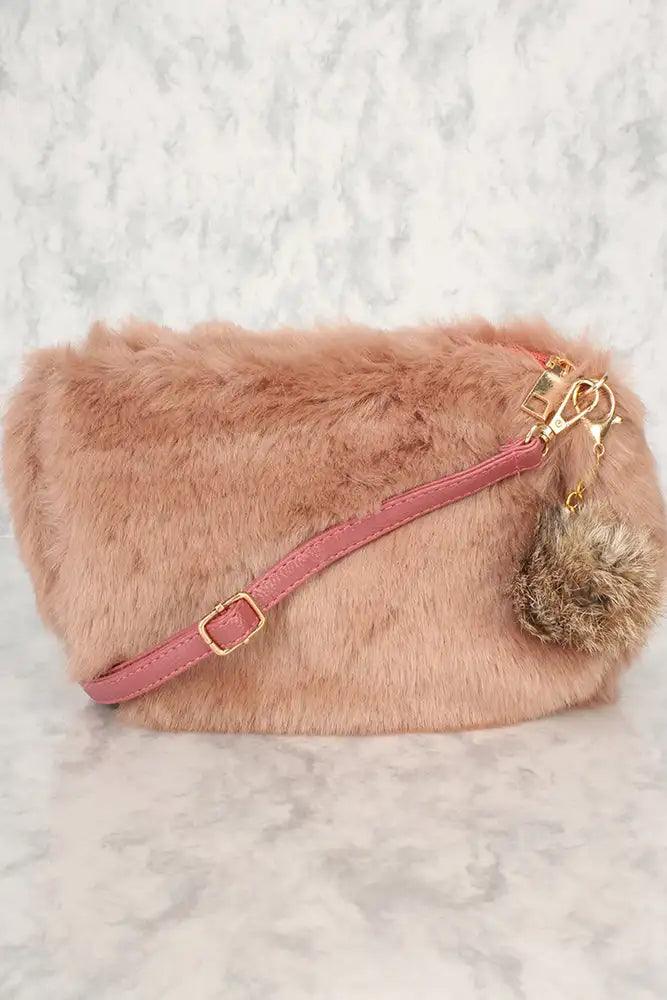 Sexy Dusty Mauve Faux Fur Shoulder Handbag - Babewear