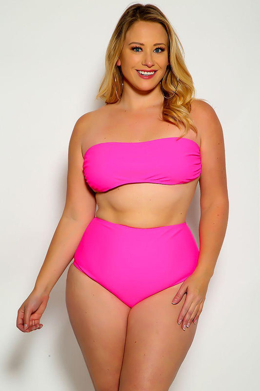 Sexy Fuchsia Bandeau High Waist Plus Size Swimsuit - Babewear