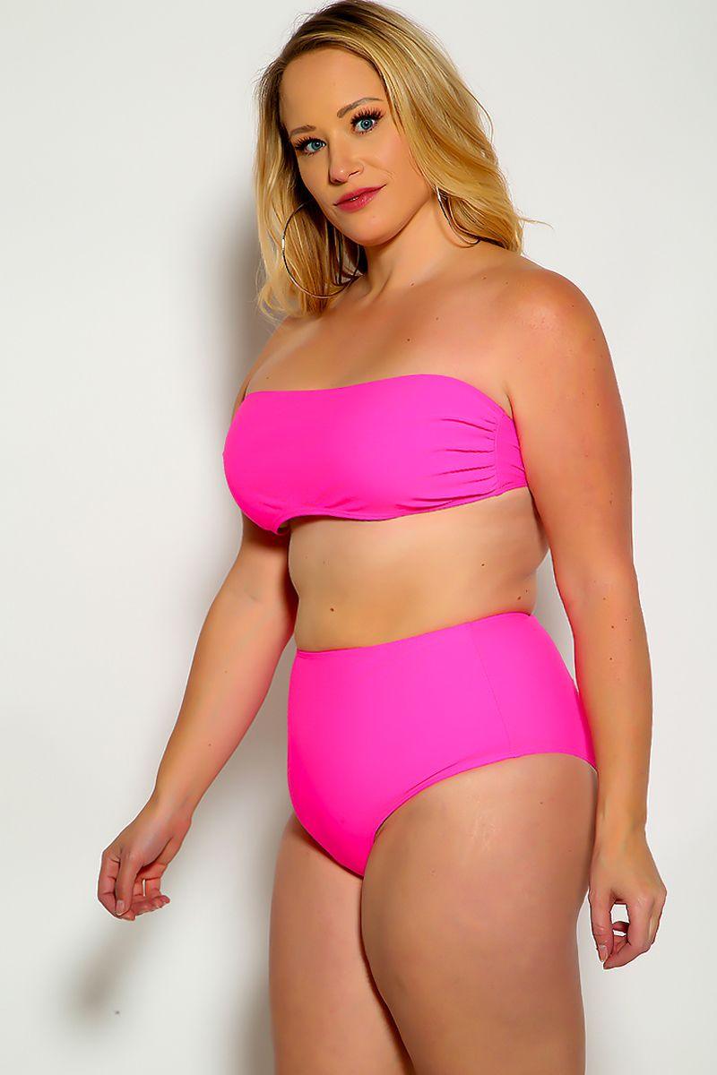 Sexy Fuchsia Bandeau High Waist Plus Size Swimsuit