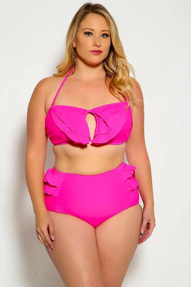 Sexy Fuchsia Ruffle Accent Padded High Waist Two Piece Plus Size Bikini