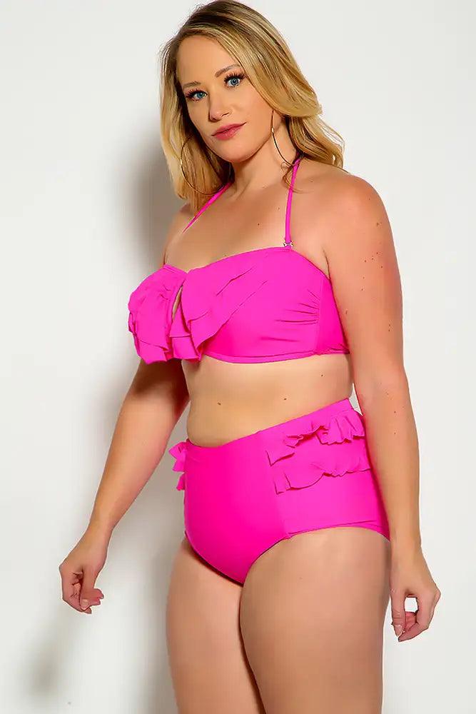 Sexy Fuchsia Ruffle Accent Padded High Waist Two Piece Plus Size Bikini