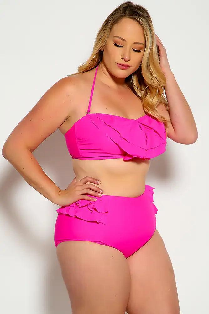 Sexy Fuchsia Ruffle Accent Padded High Waist Two Piece Plus Size Bikini