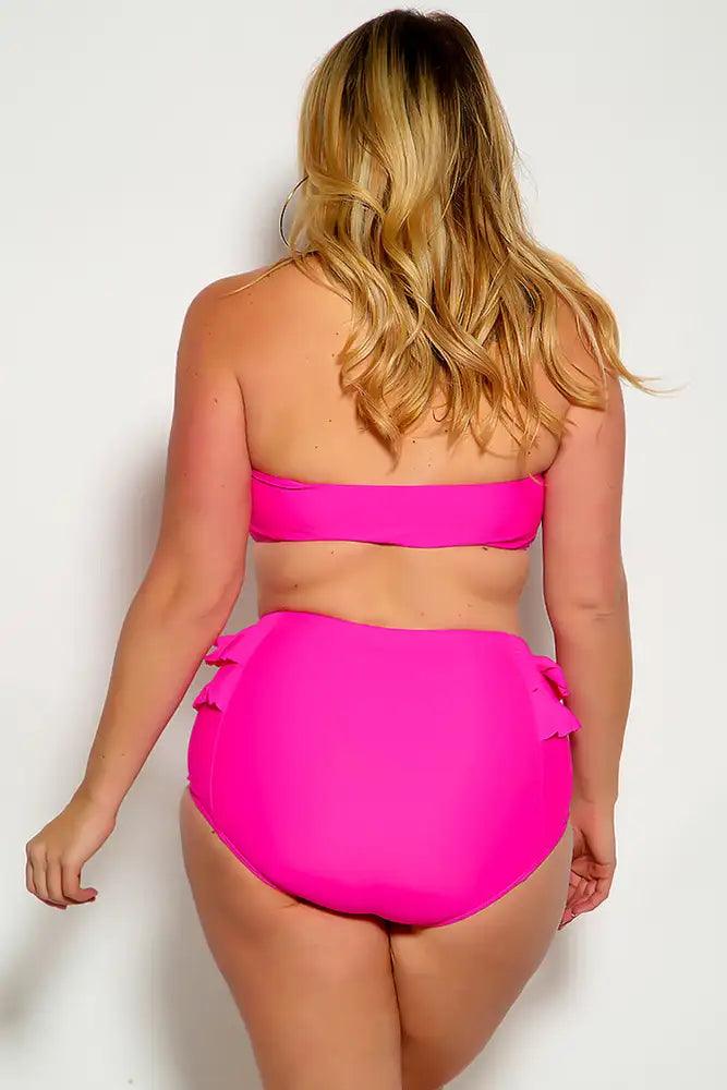 Sexy Fuchsia Ruffle Accent Padded High Waist Two Piece Plus Size Bikini