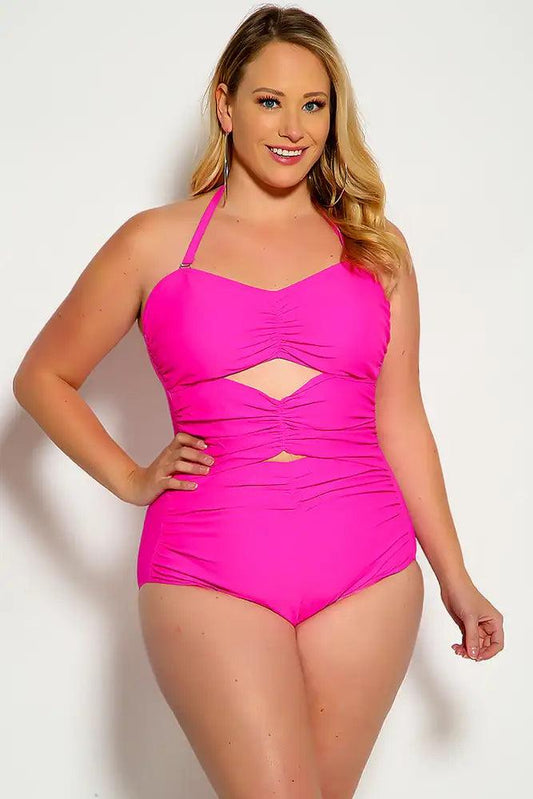 Sexy Fuschia Cut Out Halter One Piece Swimsuit