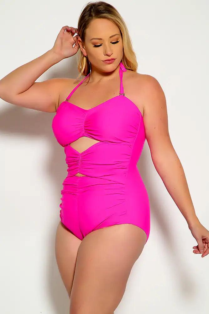 Sexy Fuschia Cut Out Halter One Piece Swimsuit