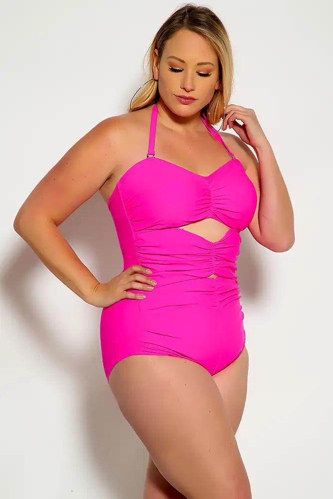 Sexy Fuschia Cut Out Halter One Piece Swimsuit