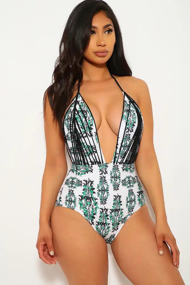 Sexy Green Black Floral Print Plunging Neckline One Piece Swimsuit