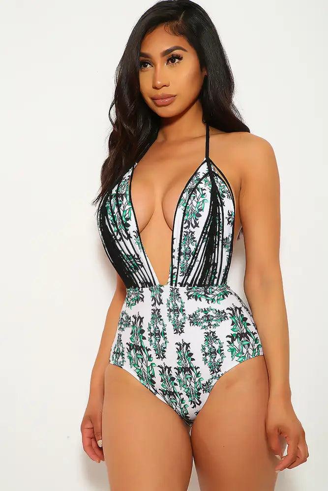 Sexy Green Black Floral Print Plunging Neckline One Piece Swimsuit