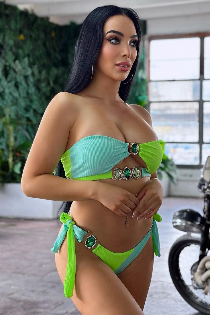 Sexy Green Color Block 2pc Bikini With Gemstones