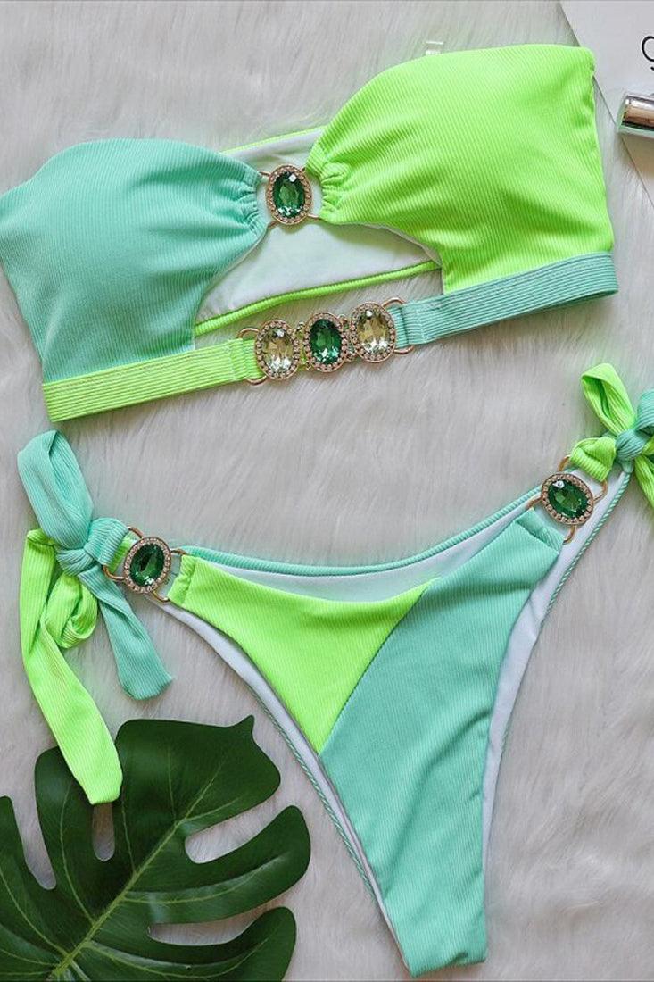 Sexy Green Color Block 2pc Bikini With Gemstones